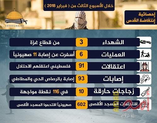 الأسبوع الثالث من فبراير: ارتقاء 3 شهداء وإصابة 11 اسرائيلي
