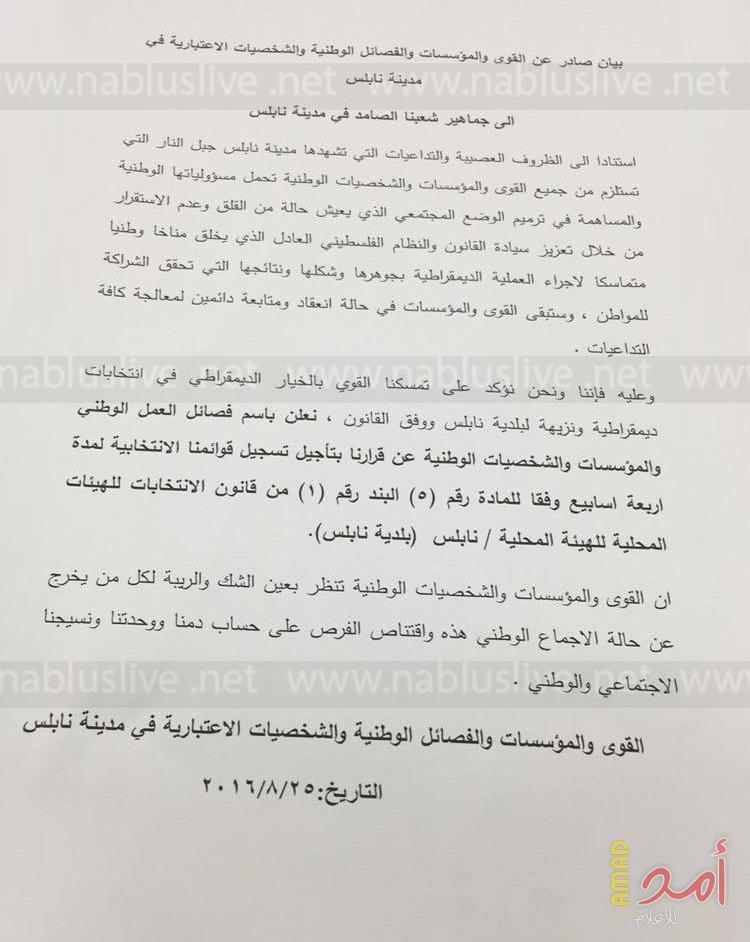 الفصائل الوطنية في مدينة نابلس تعلن نيتها تأجيل تسجيل قوائمها في الانتخابات المحلية