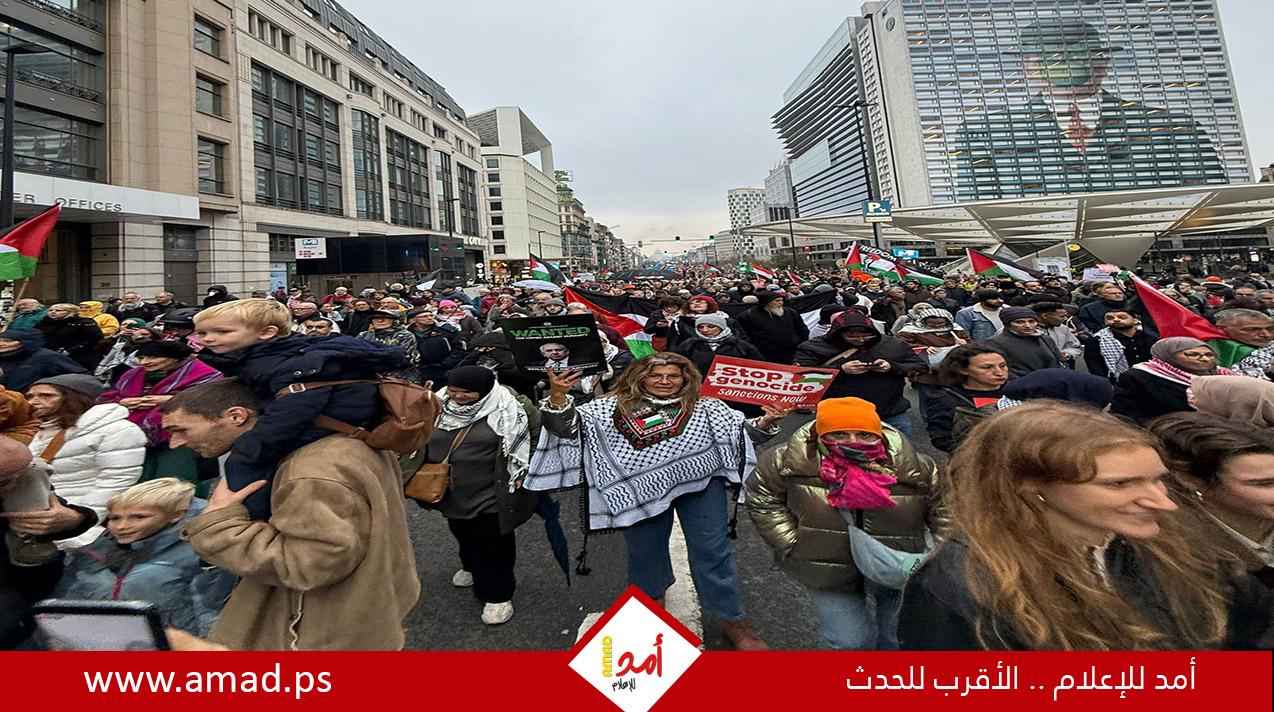 بروكسل: عشرات الآلاف يتظاهرون للمطالبة بتسريع إعادة إعمار غزة وانسحاب الاحتلال بعد وقف إطلاق النار